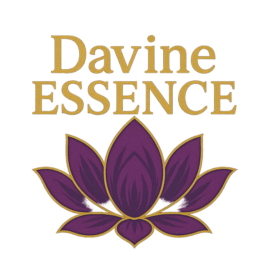 Davine Essence logo in purple and gold, symbolizing beauty and elegance